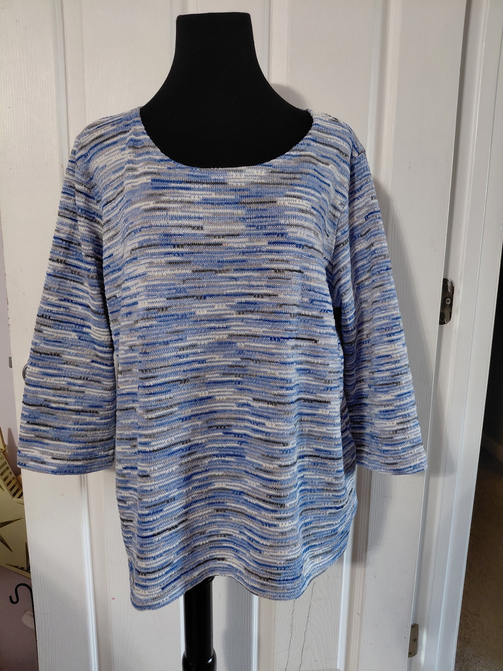 Alfred Dunner Blue and White Striped Lightweight Knit Top